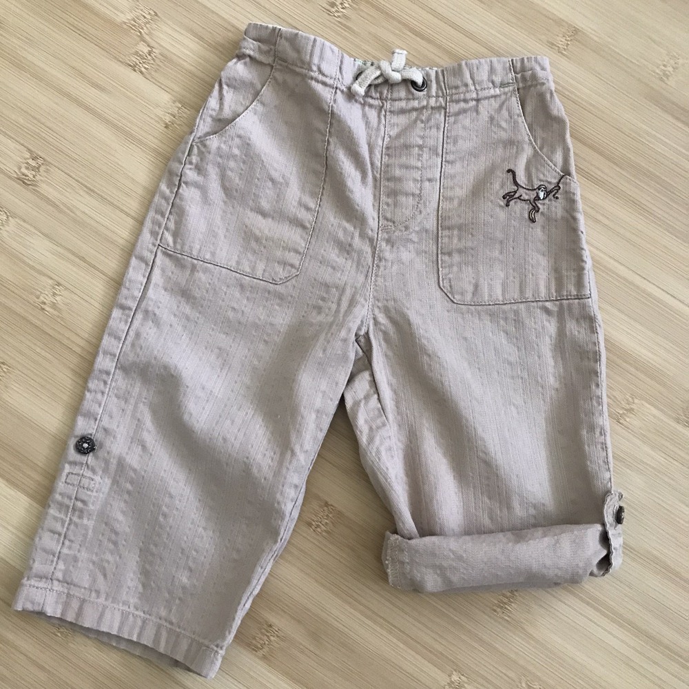 Janie and Jack Khaki Pull On Pants 6-12 Months Roll Tab Cuff Embroidered Monkey